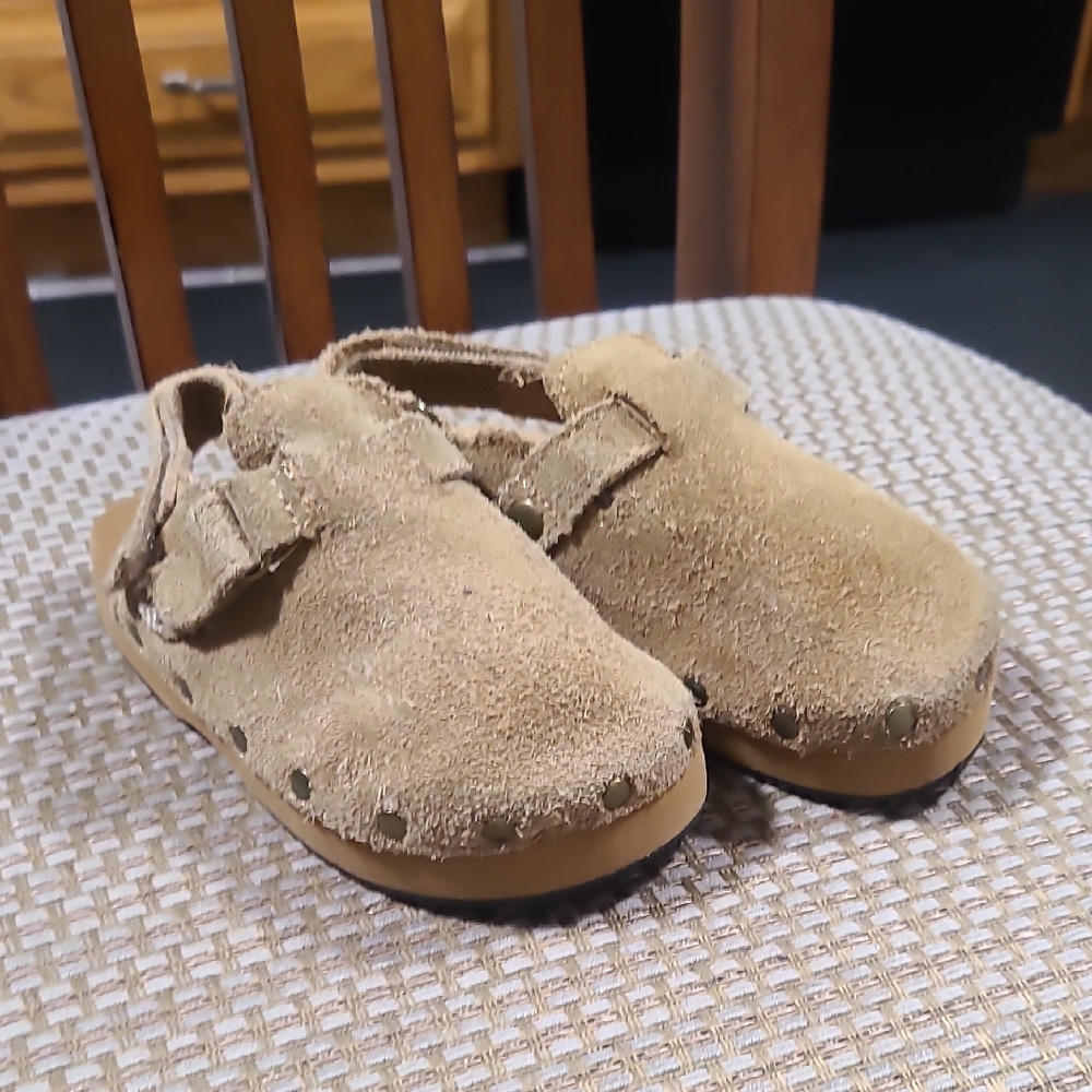 Zara Kids Tan Taupe Suede Leather Slip On Strap Clog Mule Toddler Girl  sz 23